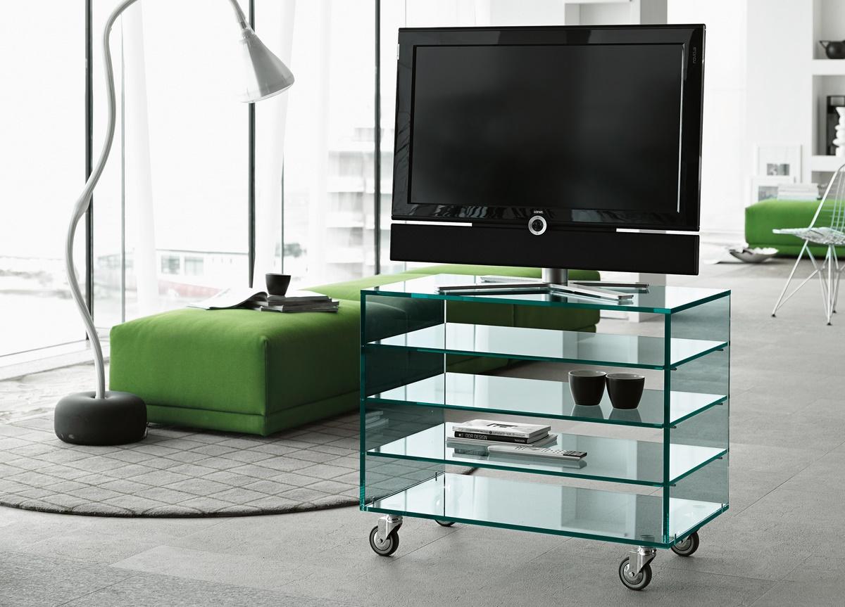 Glass tv stand on shop wheels